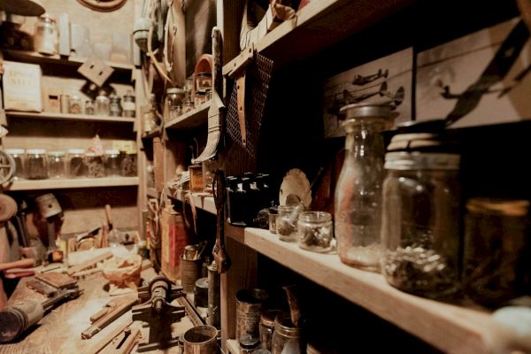 A cluttered shelf and workbench with jars, vintage tools, and various trinkets, resembling an old workshop or garage.